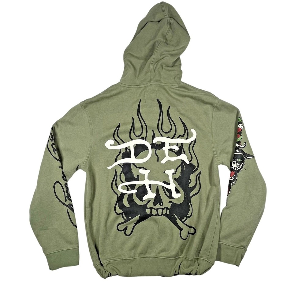 Ed Hardy Hoodie Mens Medium Olive Green Tattoo Graphic Love Kills Slowly *Flaws - Picture 4 of 14